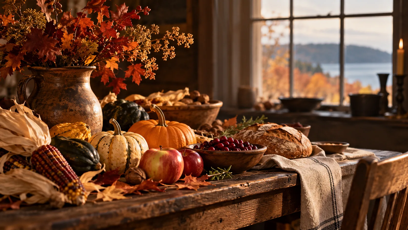 Autumn harvest table with pumpkins, corn, apples and bread