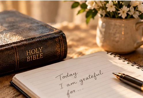 Bible and gratitude journal in warm natural light