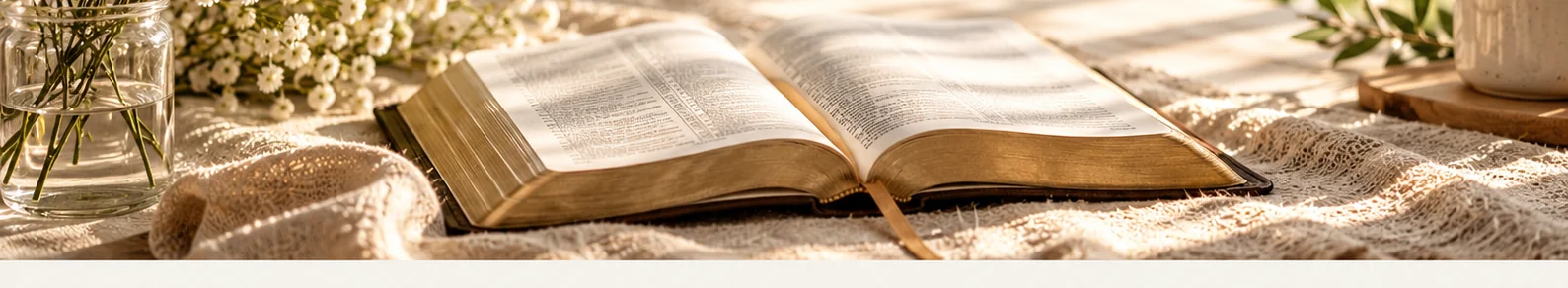 Open Bible on a linen-covered table in warm morning sunlight, with delicate white flowers
